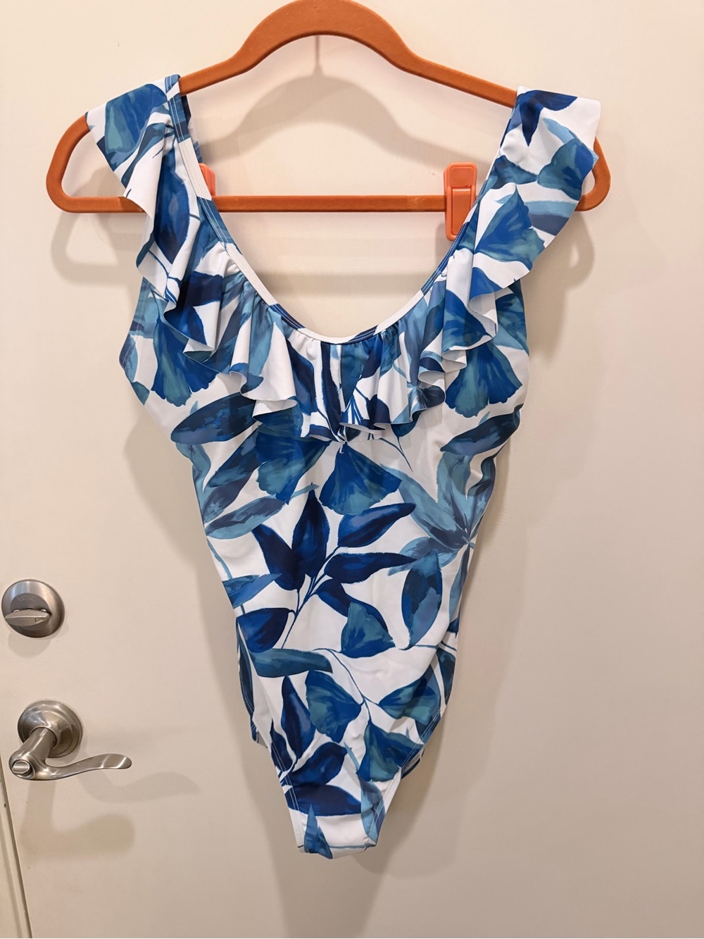 kathy ireland Blue and White Ruffle Shoulder One-Piece Swimsuit